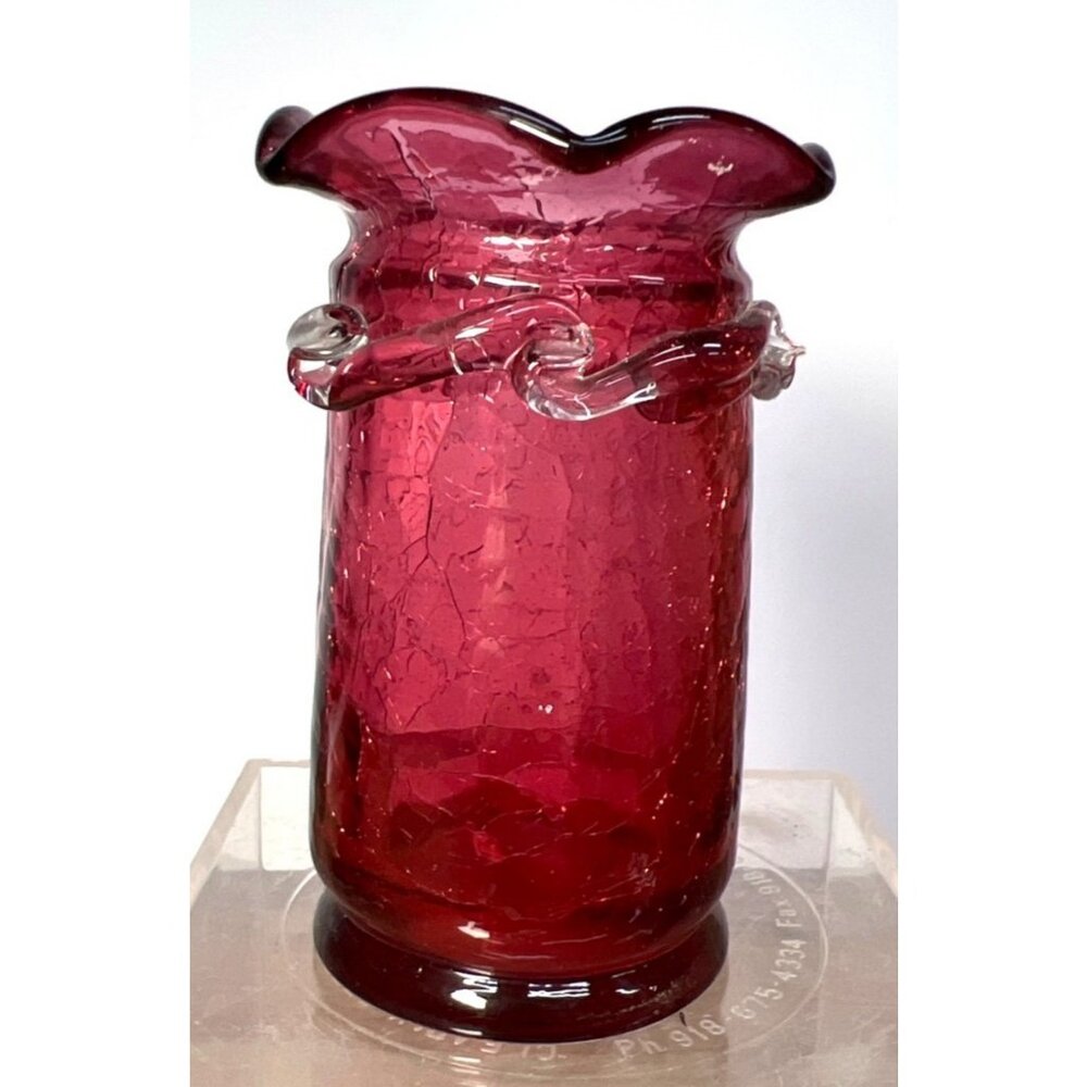 Pilgrim Handblown Cranberry Glass Vase With Clea Accents & Textured Crackle Desi